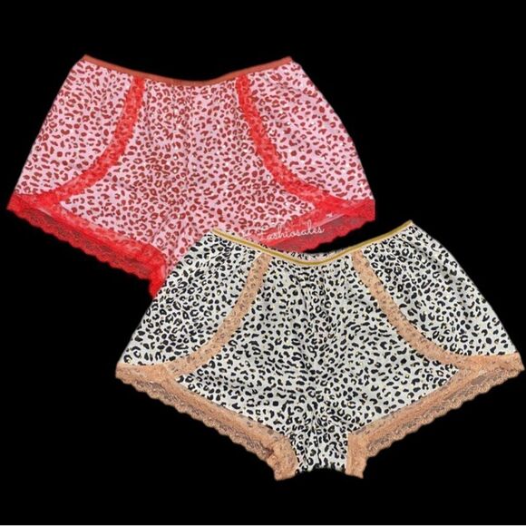 Set of 2 Victoria’s Secret Foil Dot Leopard Print Lace Trim pajama shorts Small - Picture 1 of 8